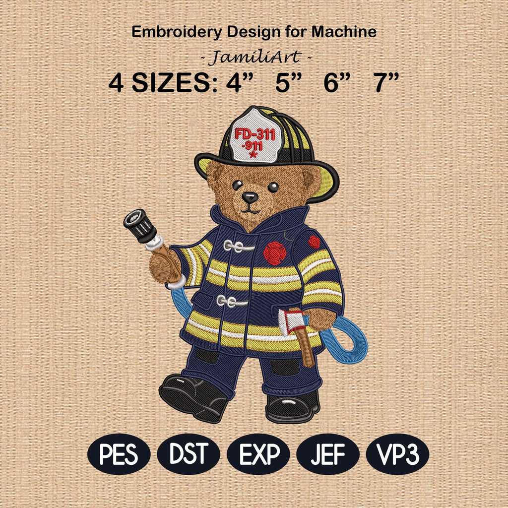 Firefighter Teddy Bear Embroidery Design, Fireman Bear Machine Embroidery File, First Responder Bear, 4 sizes, Instant Download