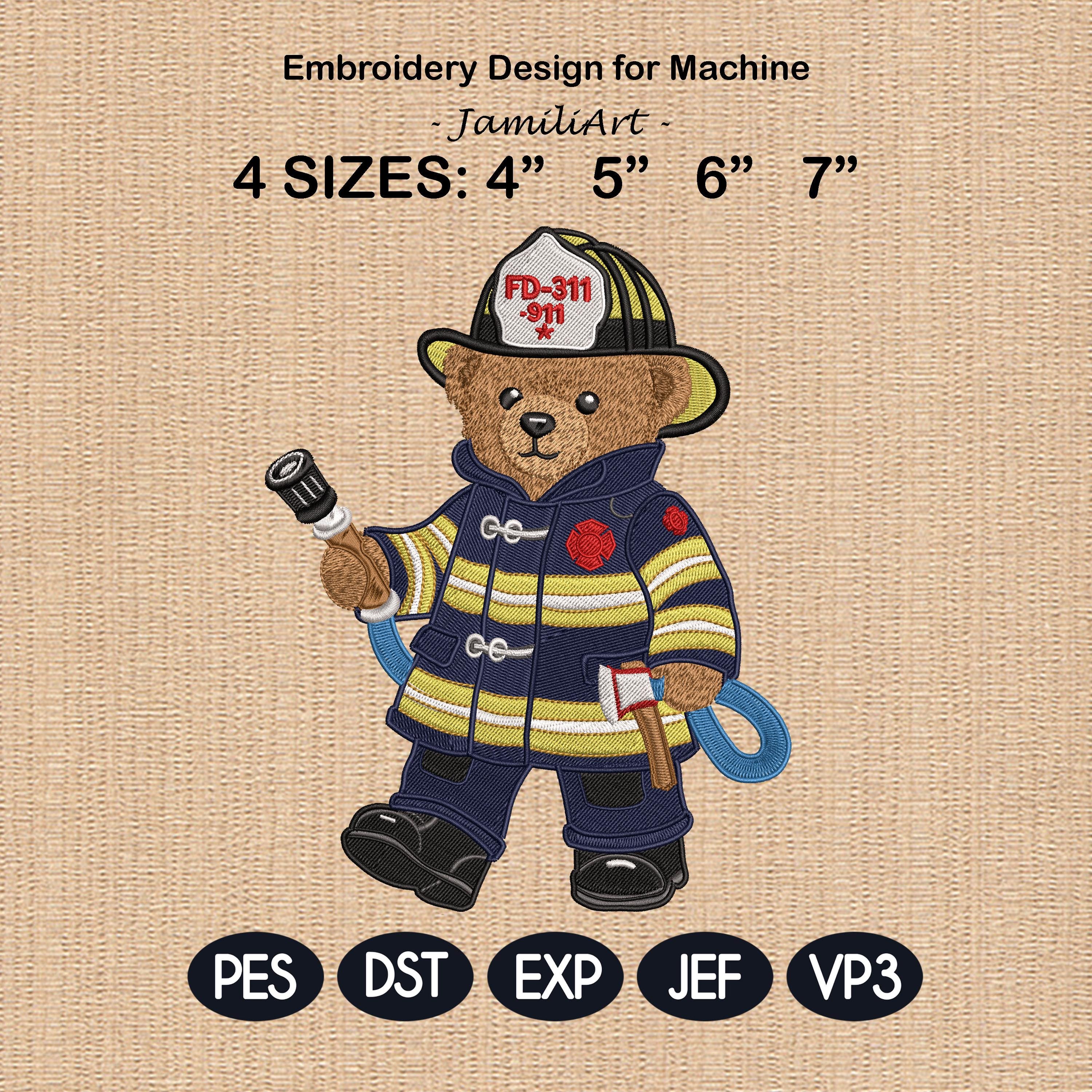 Firefighter Teddy Bear Embroidery Design, Fireman Bear Machine Embroidery File, First Responder Bear, 4 sizes, Instant Download