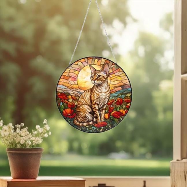 Custom Cat Stained Glass Suncatcher, Mothers Day Gift For Mom, Poppies Flower Suncatcher, Devon Rex  Hanging Window, Cat Lover Gift
