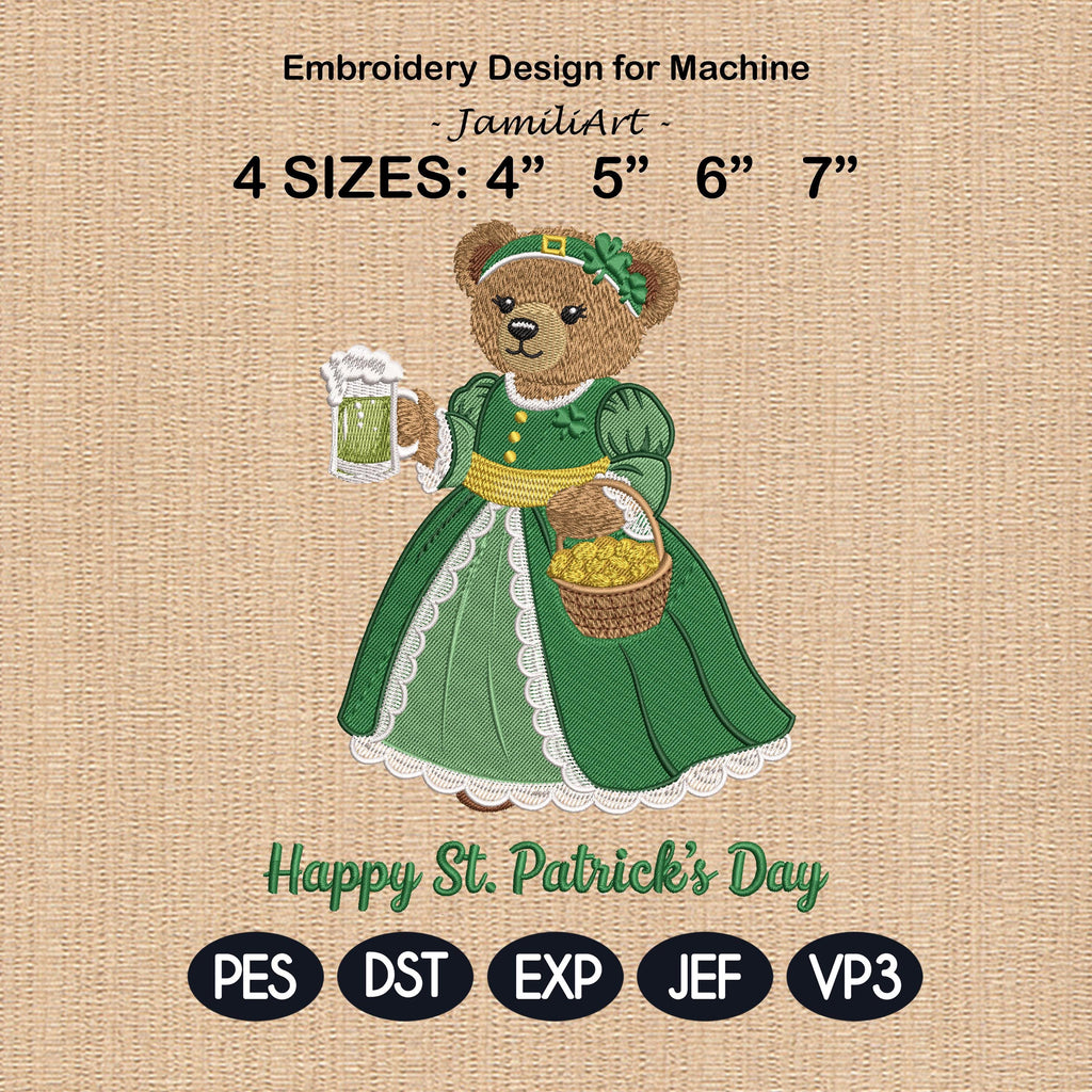 St Patrick’s Day Teddy Bear Embroidery Design, Irish Bear Machine Embroidery File, Shamrock Bear, 4 sizes, Instant Download