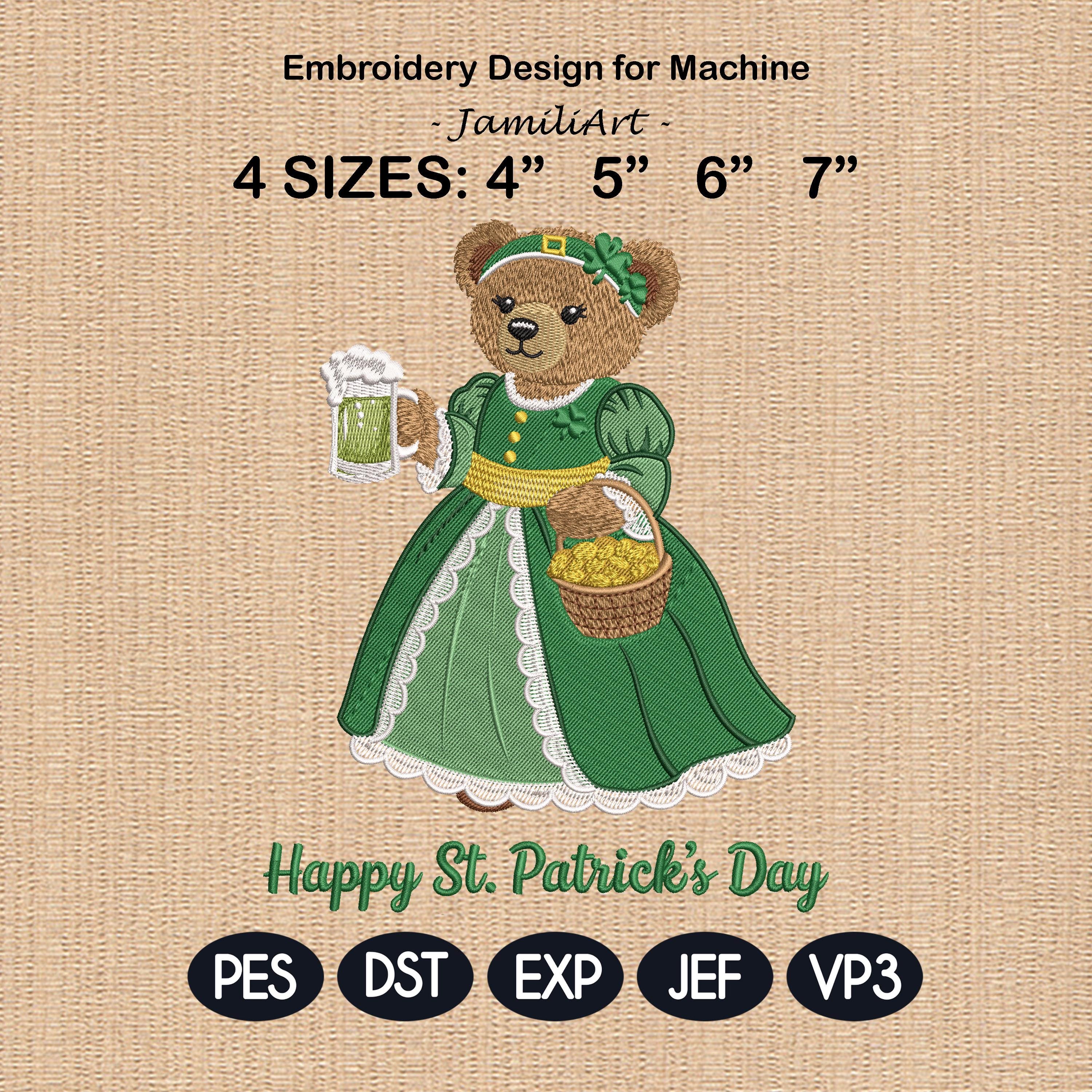 St Patrick’s Day Teddy Bear Embroidery Design, Irish Bear Machine Embroidery File, Shamrock Bear, 4 sizes, Instant Download