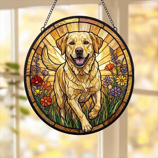 Custom Labrador Retriever Wildflowers Glass Suncatcher: Dog Mom Window Decor