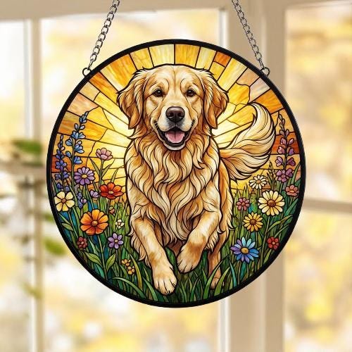 Custom Golden Retriever Wildflowers Glass Suncatcher: Dog Mom Window Decor - image 2