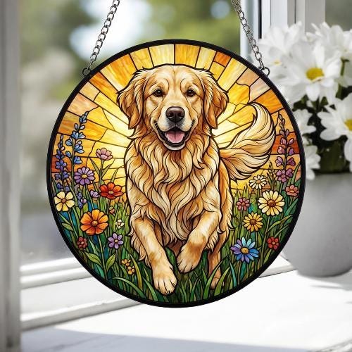 Custom Golden Retriever Wildflowers Glass Suncatcher: Dog Mom Window Decor - image 4