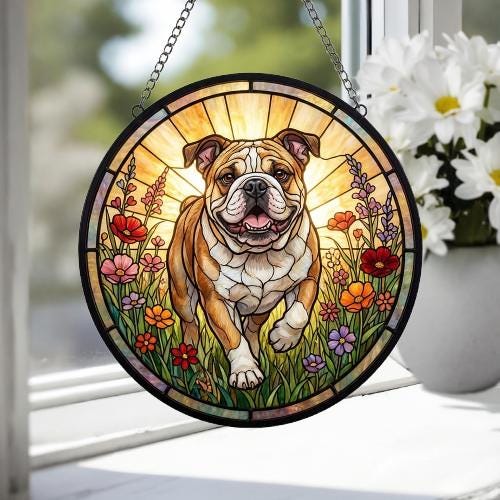 Custom Bulldog  Wildflowers Glass Suncatcher: Dog Mom Window Decor - image 3