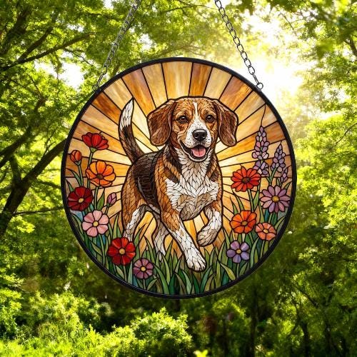 Custom Beagle Wildflowers Glass Suncatcher: Dog Mom Window Decor - image 4