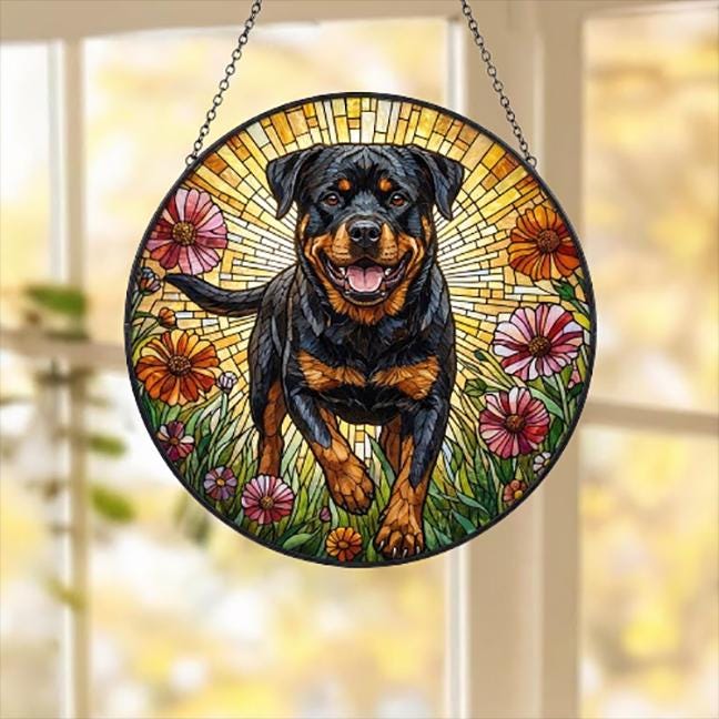 Custom Rottweiler Wildflowers Glass Suncatcher: Dog Mom Window Decor