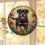 Custom Rottweiler Wildflowers Glass Suncatcher: Dog Mom Window Decor