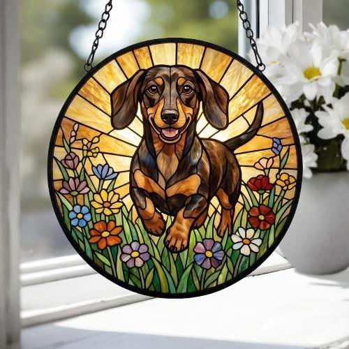 Custom Dachshund  Wildflowers Glass Suncatcher: Dog Mom Window Decor - image 4
