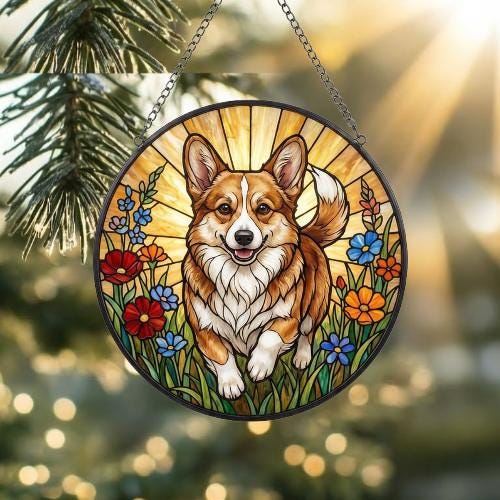 Custom Pembroke Welsh Corgi Wildflowers Glass Suncatcher: Dog Mom Window Decor - image 2