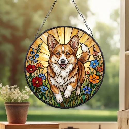 Custom Pembroke Welsh Corgi Wildflowers Glass Suncatcher: Dog Mom Window Decor - image 3