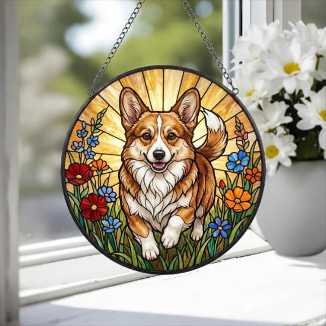 Custom Pembroke Welsh Corgi Wildflowers Glass Suncatcher: Dog Mom Window Decor