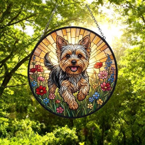 Custom Yorkshire Terrier Wildflowers Glass Suncatcher: Dog Mom Window Decor - image 4