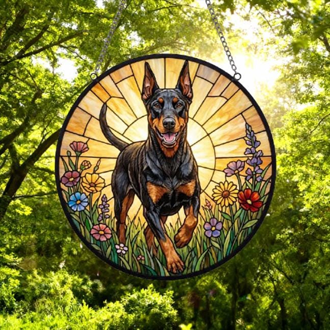 Custom Doberman Pinscher Wildflowers Glass Suncatcher: Dog Mom Window Decor