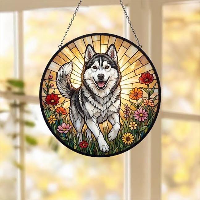 Custom Siberian Husky  Wildflowers Glass Suncatcher: Dog Mom Window Decor