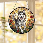 Custom Siberian Husky  Wildflowers Glass Suncatcher: Dog Mom Window Decor