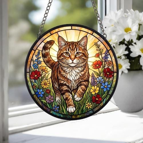Custom Domestic Shorthair  Wildflowers Glass Suncatcher: Cat Mom Window Decor - image 2