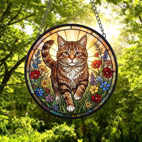 Custom Domestic Shorthair  Wildflowers Glass Suncatcher: Cat Mom Window Decor - image 3