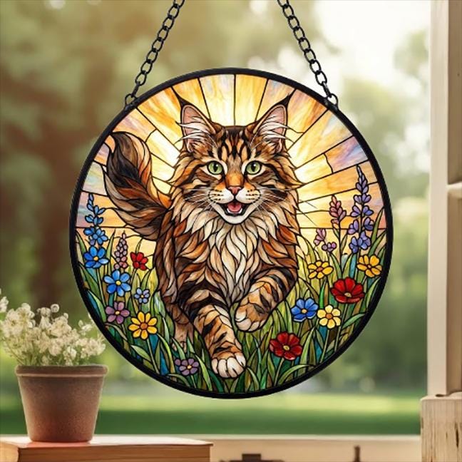 Custom Maine Coon  Wildflowers Glass Suncatcher: Cat Mom Window Decor