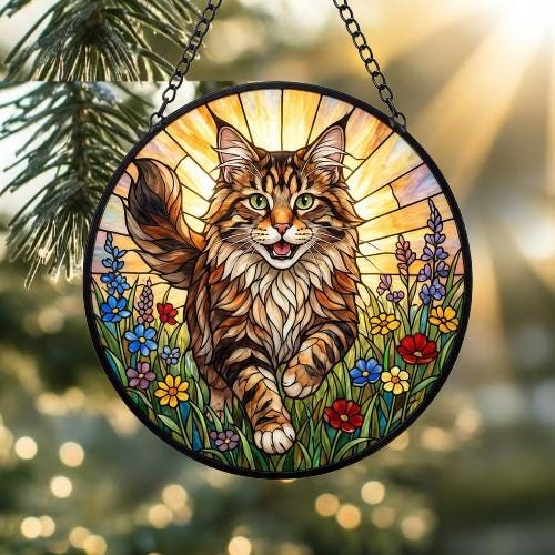 Custom Maine Coon  Wildflowers Glass Suncatcher: Cat Mom Window Decor - image 2