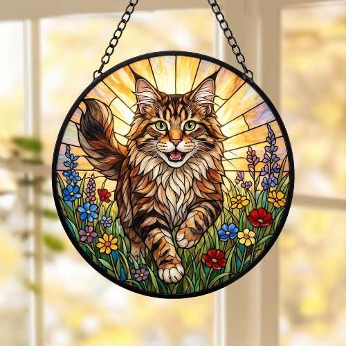 Custom Maine Coon  Wildflowers Glass Suncatcher: Cat Mom Window Decor - image 5