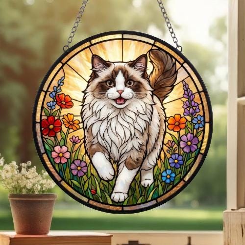 Custom Ragdoll cat   Wildflowers Glass Suncatcher: Cat Mom Window Decor - image 3