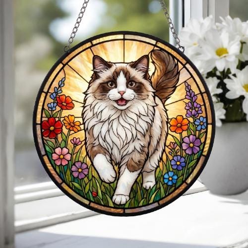 Custom Ragdoll cat   Wildflowers Glass Suncatcher: Cat Mom Window Decor - image 4