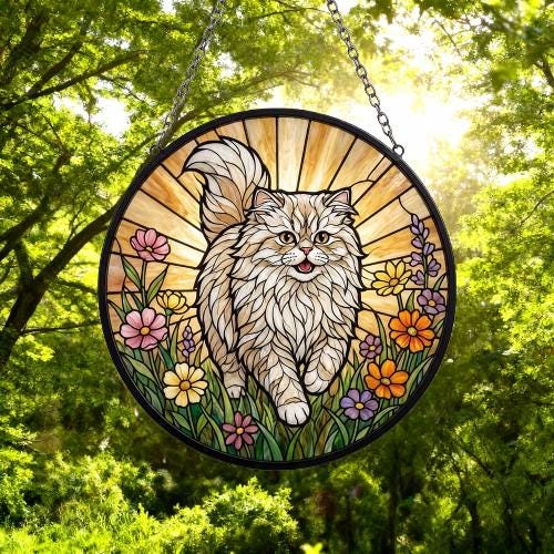 Custom Persian  cat   Wildflowers Glass Suncatcher: Cat Mom Window Decor - image 6