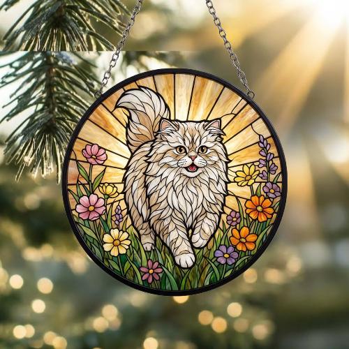 Custom Persian  cat   Wildflowers Glass Suncatcher: Cat Mom Window Decor - image 2