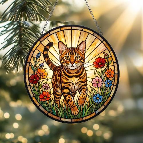 Custom Bengal  Wildflowers Glass Suncatcher: Cat Mom Window Decor - image 2