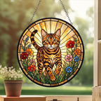Custom Bengal  Wildflowers Glass Suncatcher: Cat Mom Window Decor