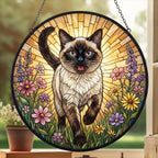 Custom Siamese cat  Wildflowers Glass Suncatcher: Cat Mom Window Decor