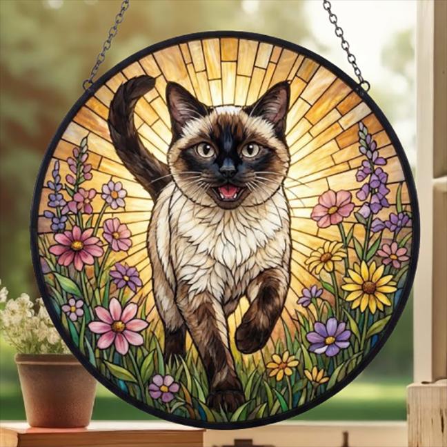 Custom Siamese cat  Wildflowers Glass Suncatcher: Cat Mom Window Decor