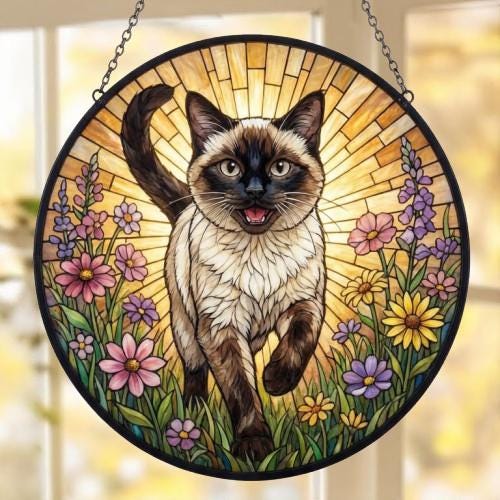 Custom Siamese cat  Wildflowers Glass Suncatcher: Cat Mom Window Decor - image 5