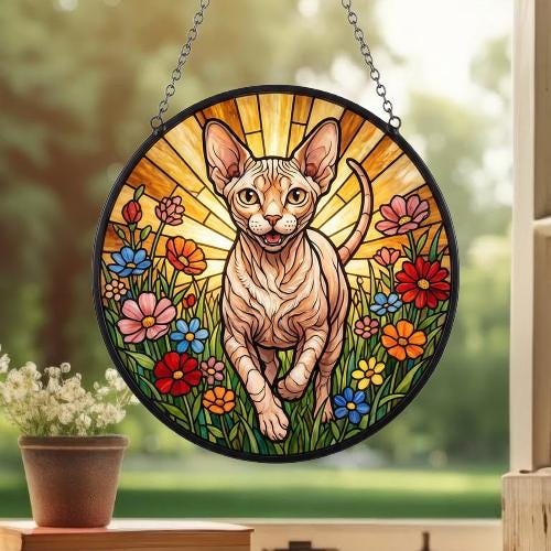 Custom Sphynx cat  Wildflowers Glass Suncatcher: Cat Mom Window Decor - image 4