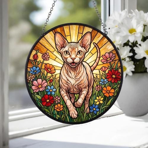 Custom Sphynx cat  Wildflowers Glass Suncatcher: Cat Mom Window Decor - image 6