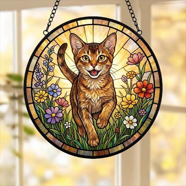 Custom Abyssinian cat  Wildflowers Glass Suncatcher: Cat Mom Window Decor