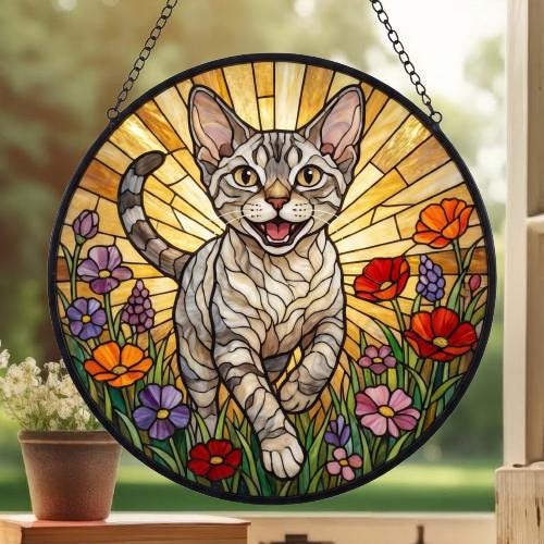 Custom Devon Rex cat  Wildflowers Glass Suncatcher: Cat Mom Window Decor - image 3