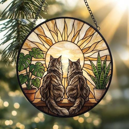 Custom Couple Maine Coon Cats Glass Suncatcher, Cat Plant Window Hanging, Cat Mom Gift, Cat Monstera Suncatcher, Plant Lover Gift - image 5