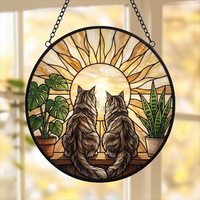 Custom Couple Maine Coon Cats Glass Suncatcher, Cat Plant Window Hanging, Cat Mom Gift, Cat Monstera Suncatcher, Plant Lover Gift