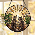 Custom Couple Maine Coon Cats Glass Suncatcher, Cat Plant Window Hanging, Cat Mom Gift, Cat Monstera Suncatcher, Plant Lover Gift