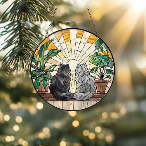 Custom Couple Persian Cats Glass Suncatcher, Cat Plant Window Hanging, Cat Mom Gift, Cat Monstera Suncatcher, Plant Lover Gift - image 2