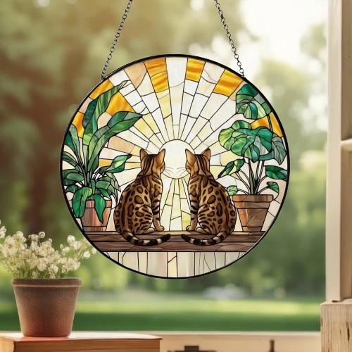 Custom Couple Bengal  Cats Glass Suncatcher, Cat Plant Window Hanging, Cat Mom Gift, Cat Monstera Suncatcher, Plant Lover Gift - image 3