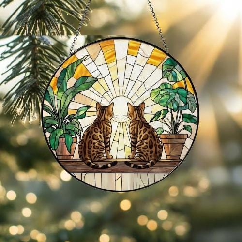 Custom Couple Bengal  Cats Glass Suncatcher, Cat Plant Window Hanging, Cat Mom Gift, Cat Monstera Suncatcher, Plant Lover Gift - image 2