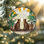 Custom Couple Bengal  Cats Glass Suncatcher, Cat Plant Window Hanging, Cat Mom Gift, Cat Monstera Suncatcher, Plant Lover Gift - image 2