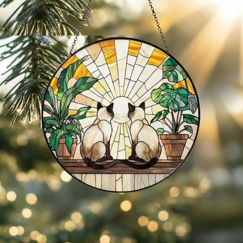 Custom Couple Siamese Cats Glass Suncatcher, Cat Plant Window Hanging, Cat Mom Gift, Cat Monstera Suncatcher, Plant Lover Gift - image 2