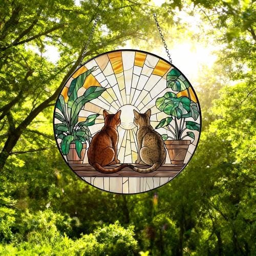 Custom Couple Abyssinian  Cats Glass Suncatcher, Cat Plant Window Hanging, Cat Mom Gift, Cat Monstera Suncatcher, Plant Lover Gift - image 2