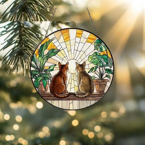 Custom Couple Abyssinian  Cats Glass Suncatcher, Cat Plant Window Hanging, Cat Mom Gift, Cat Monstera Suncatcher, Plant Lover Gift - image 3