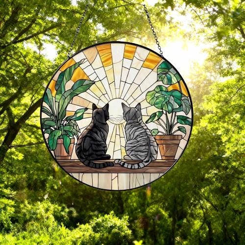 Custom Couple American Shorthair cat  Glass Suncatcher, Cat Plant Window Hanging, Cat Mom Gift, Cat Monstera Suncatcher, Plant Lover Gift - image 5