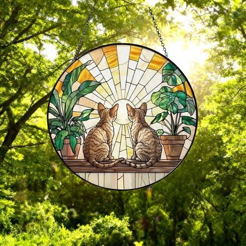 Custom Couple Devon Rex cats Glass Suncatcher, Cat Plant Window Hanging, Cat Mom Gift, Cat Monstera Suncatcher, Plant Lover Gift - image 5